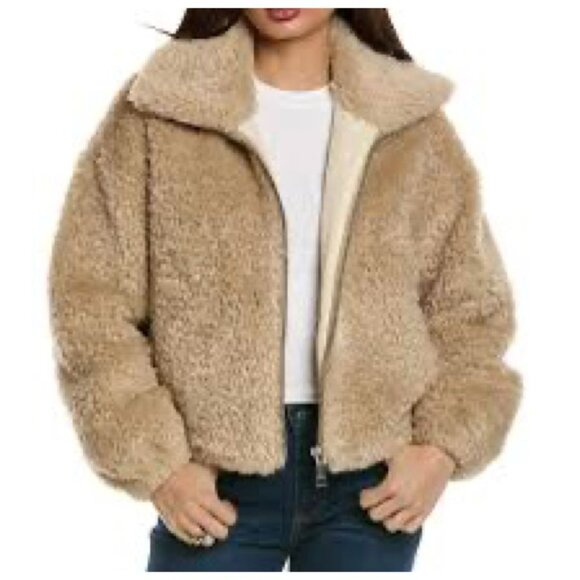 Rebecca Minkkoff Women's Cropped Bomber Faux Fur Coat Jacket SMALL in Natural - Picture 2 of 13